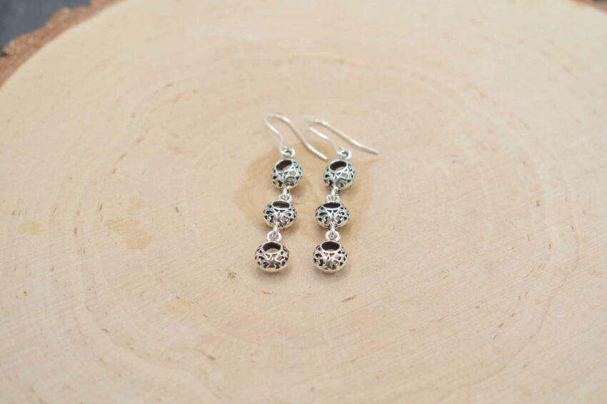 Kolczyki ażurowe wiszące 3 kuleczki lekkie srebro 925