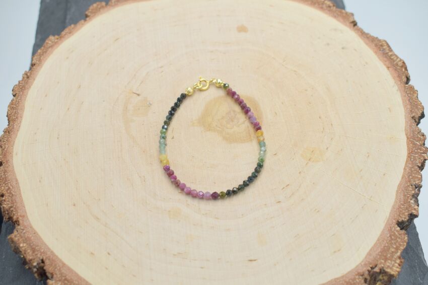 Bransoletka z kolorowego turmalinu srebro złocone drobne fasetowane koraliki